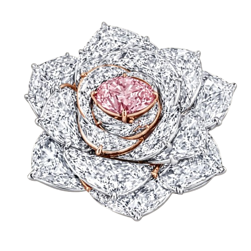 Rose-shaped diamond ring with a pink gemstone on a white background